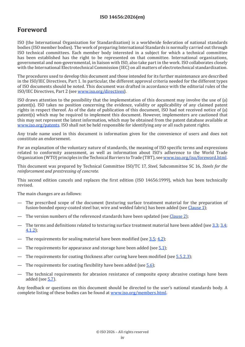 ISO 14656:2026 ISO 14656:2026 - Steel — Epoxy powder and sealing material for the coating of steel for the reinforcement of concrete - Page 4 preview