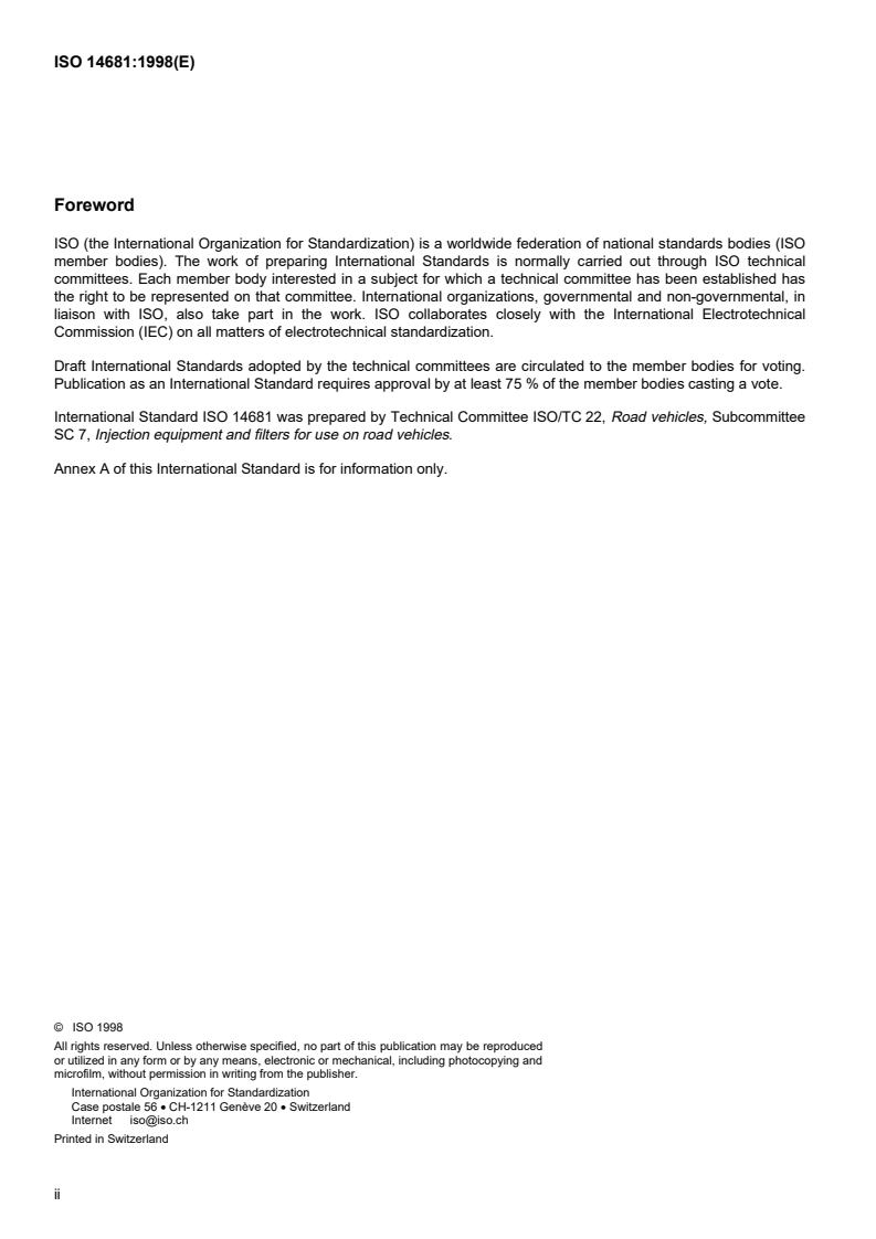 ISO 14681:1998 ISO 14681:1998 - Diesel engines — Fuel injection pump testing — Calibrating fuel injectors/9/1998 - Page 2 preview