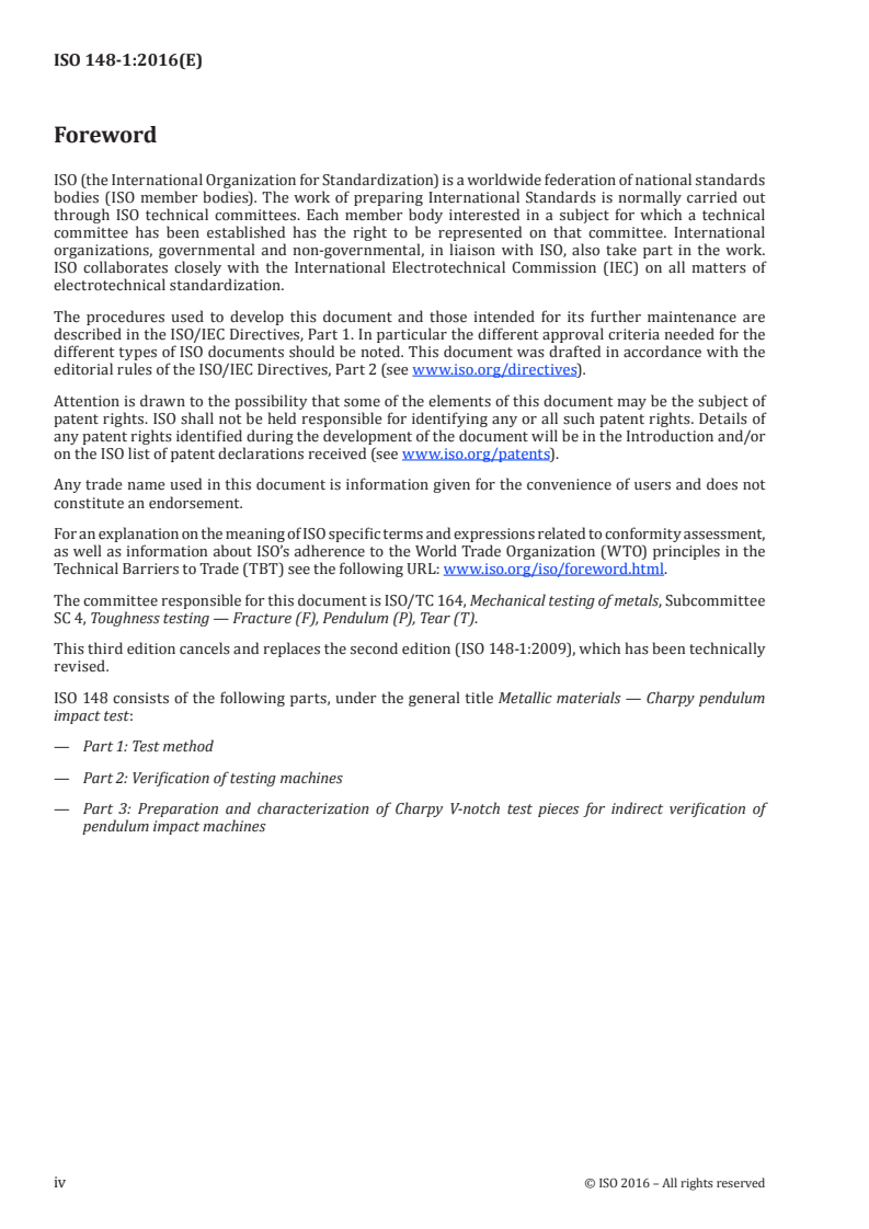 ISO 148-1:2016 ISO 148-1:2016 - Metallic materials — Charpy pendulum impact test — Part 1: Test method/12/2016 - Page 4 preview