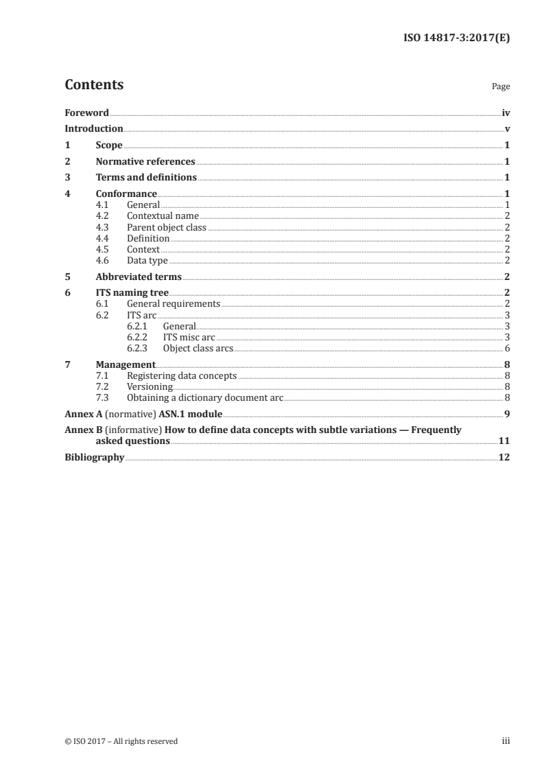 ISO 14817-3:2017 ISO 14817-3:2017 - Intelligent transport systems — ITS data dictionaries — Part 3: Object identifier assignments for ITS data concepts/21/2017 - Page 3 preview