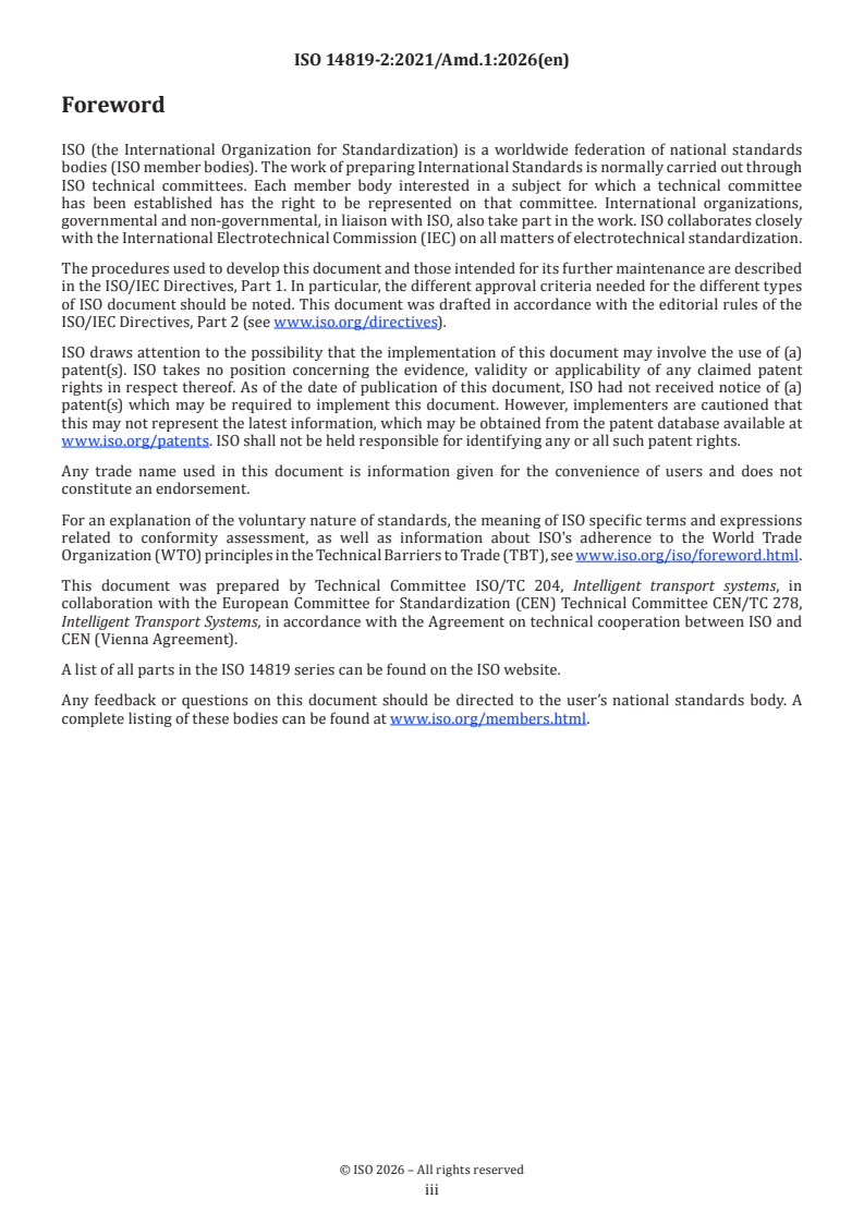 ISO 14819-2:2021/Amd 1:2026 ISO 14819-2:2021/Amd 1:2026 - Intelligent transport systems — Traffic and travel information messages via traffic message coding — Part 2: Event and information codes for Radio Data System-Traffic Message Channel (RDS-TMC) using ALERT-C — Amendment 1 - Page 3 preview