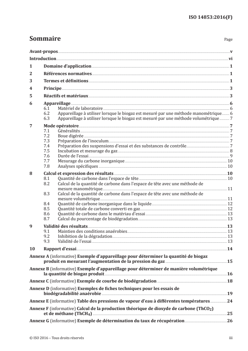 ISO 14853:2016 ISO 14853:2016 - Plastiques — Évaluation de la biodégradabilité anaérobie ultime des matériaux plastiques en milieu aqueux — Méthode par détermination de la production de biogaz/15/2017 - Page 3 preview