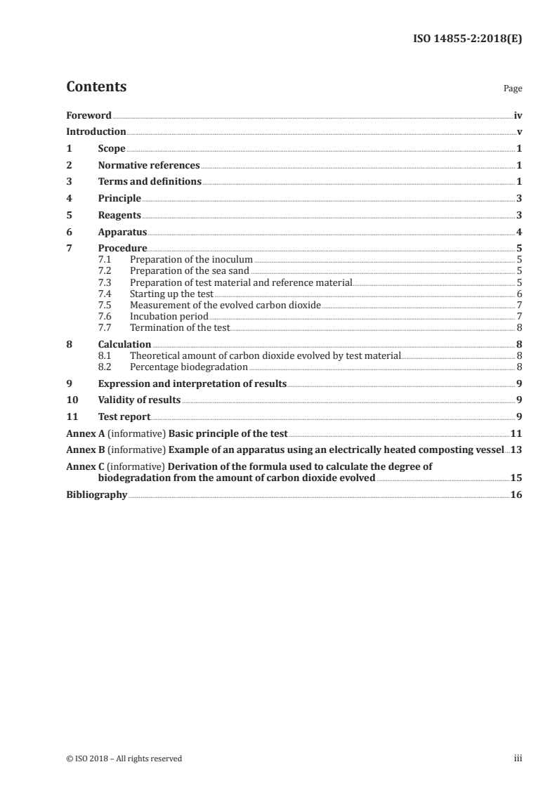ISO 14855-2:2018 ISO 14855-2:2018 - Determination of the ultimate aerobic biodegradability of plastic materials under controlled composting conditions — Method by analysis of evolved carbon dioxide — Part 2: Gravimetric measurement of carbon dioxide evolved in a laboratory-scale test/25/2018 - Page 3 preview