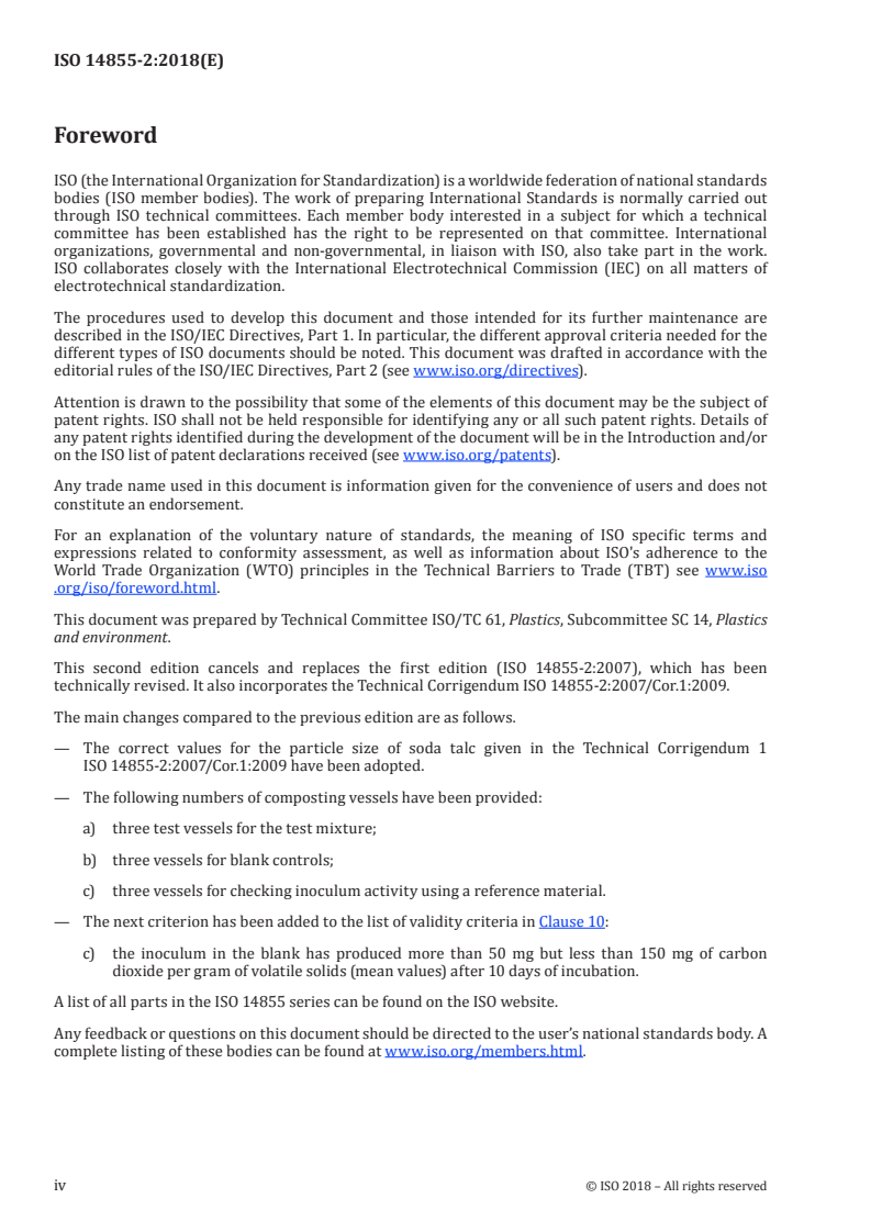 ISO 14855-2:2018 ISO 14855-2:2018 - Determination of the ultimate aerobic biodegradability of plastic materials under controlled composting conditions — Method by analysis of evolved carbon dioxide — Part 2: Gravimetric measurement of carbon dioxide evolved in a laboratory-scale test/25/2018 - Page 4 preview