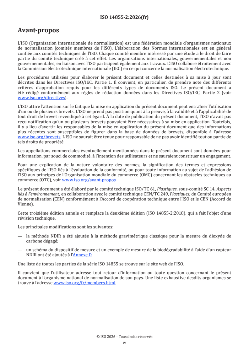 ISO 14855-2:2026 ISO 14855-2:2026 - Détermination de la biodégradabilité aérobie ultime des matériaux plastiques dans des conditions contrôlées de compostage — Méthode par analyse du dioxyde de carbone libéré — Partie 2: Mesurage gravimétrique du dioxyde de carbone libéré lors d'un essai de laboratoire - Page 4 preview