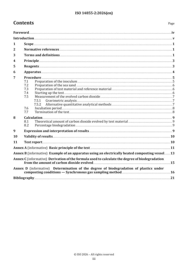ISO 14855-2:2026 ISO 14855-2:2026 - Determination of the ultimate aerobic biodegradability of plastic materials under controlled composting conditions — Method by analysis of evolved carbon dioxide — Part 2: Gravimetric measurement of carbon dioxide evolved in a laboratory-scale test - Page 3 preview