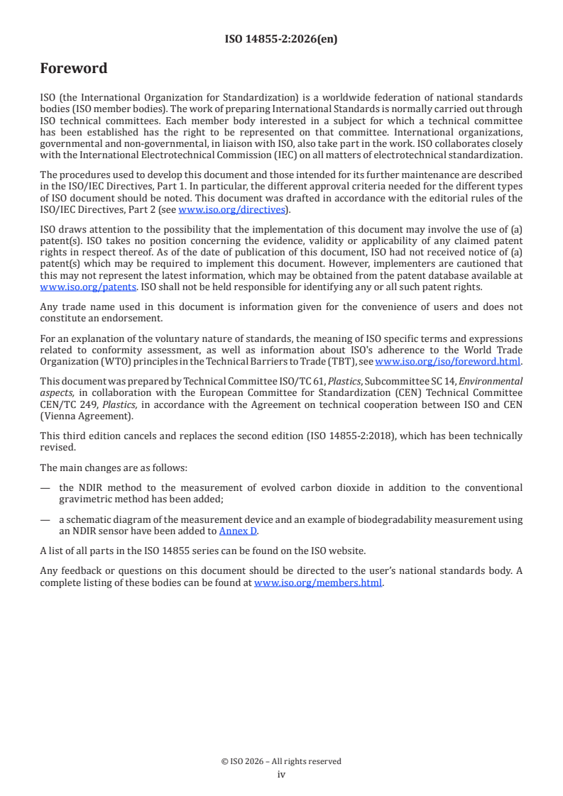ISO 14855-2:2026 ISO 14855-2:2026 - Determination of the ultimate aerobic biodegradability of plastic materials under controlled composting conditions — Method by analysis of evolved carbon dioxide — Part 2: Gravimetric measurement of carbon dioxide evolved in a laboratory-scale test - Page 4 preview