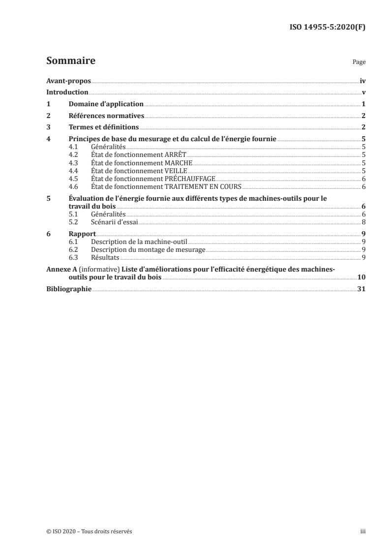 ISO 14955-5:2020 ISO 14955-5:2020 - Machines-outils — Évaluation environnementale des machines-outils — Partie 5: Principes d'essai des machines-outils pour le travail du bois concernant l'énergie fournie/19/2020 - Page 3 preview