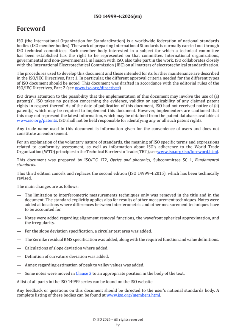 ISO 14999-4:2026 ISO 14999-4:2026 - Optics and photonics — Measurement of optical elements and optical systems — Part 4: Interpretation and evaluation of surface form and wavefront deformation tolerances specified in ISO 10110 - Page 4 preview