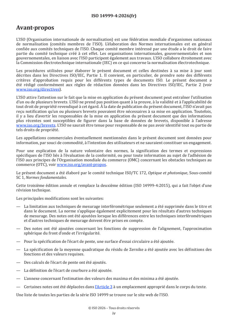 ISO 14999-4:2026 ISO 14999-4:2026 - Optique et photonique — Mesurage de composants et systèmes optiques — Partie 4: Interprétation et évaluation des tolérances de forme de surface et de déformation du front d'onde spécifiées dans l’ISO 10110 - Page 4 preview