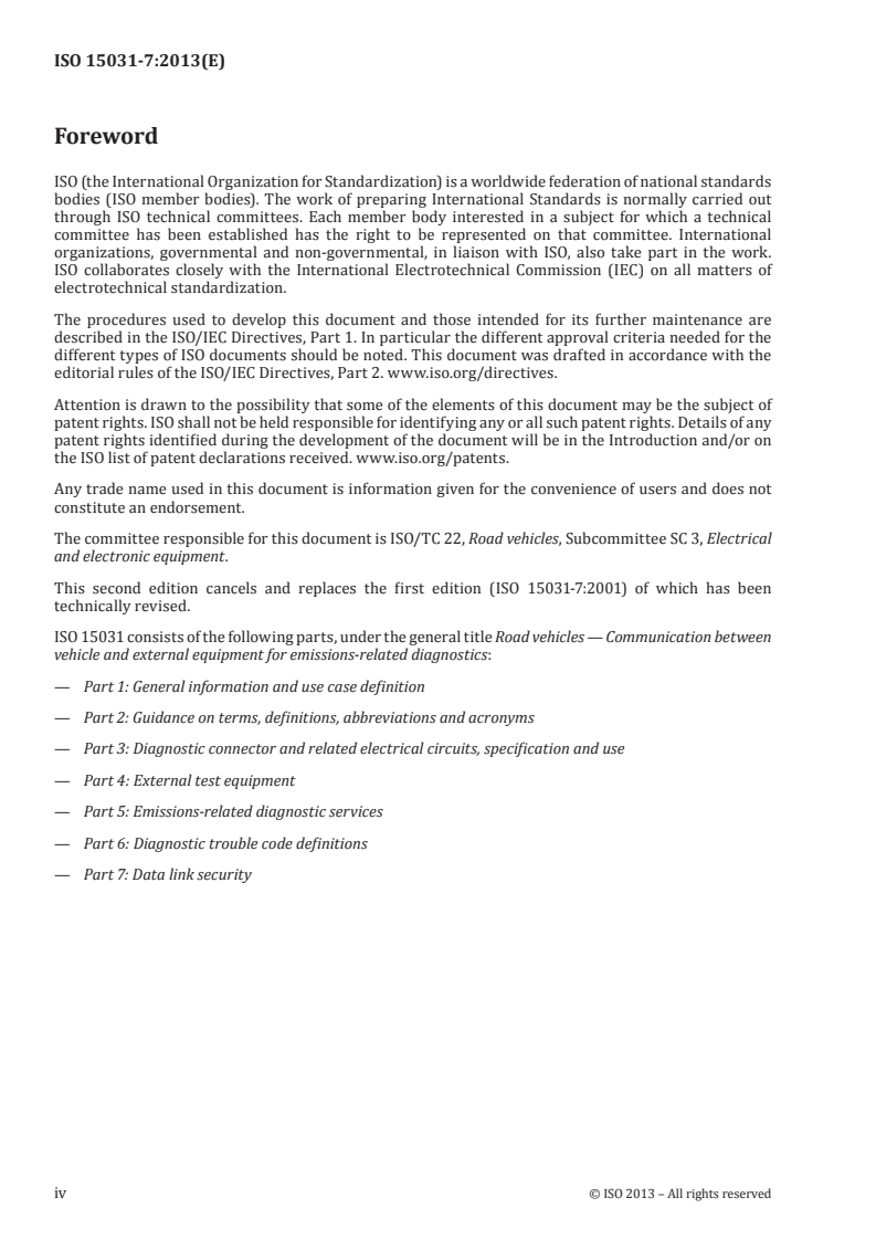 ISO 15031-7:2013 ISO 15031-7:2013 - Road vehicles — Communication between vehicle and external equipment for emissions-related diagnostics — Part 7: Data link security/22/2013 - Page 4 preview