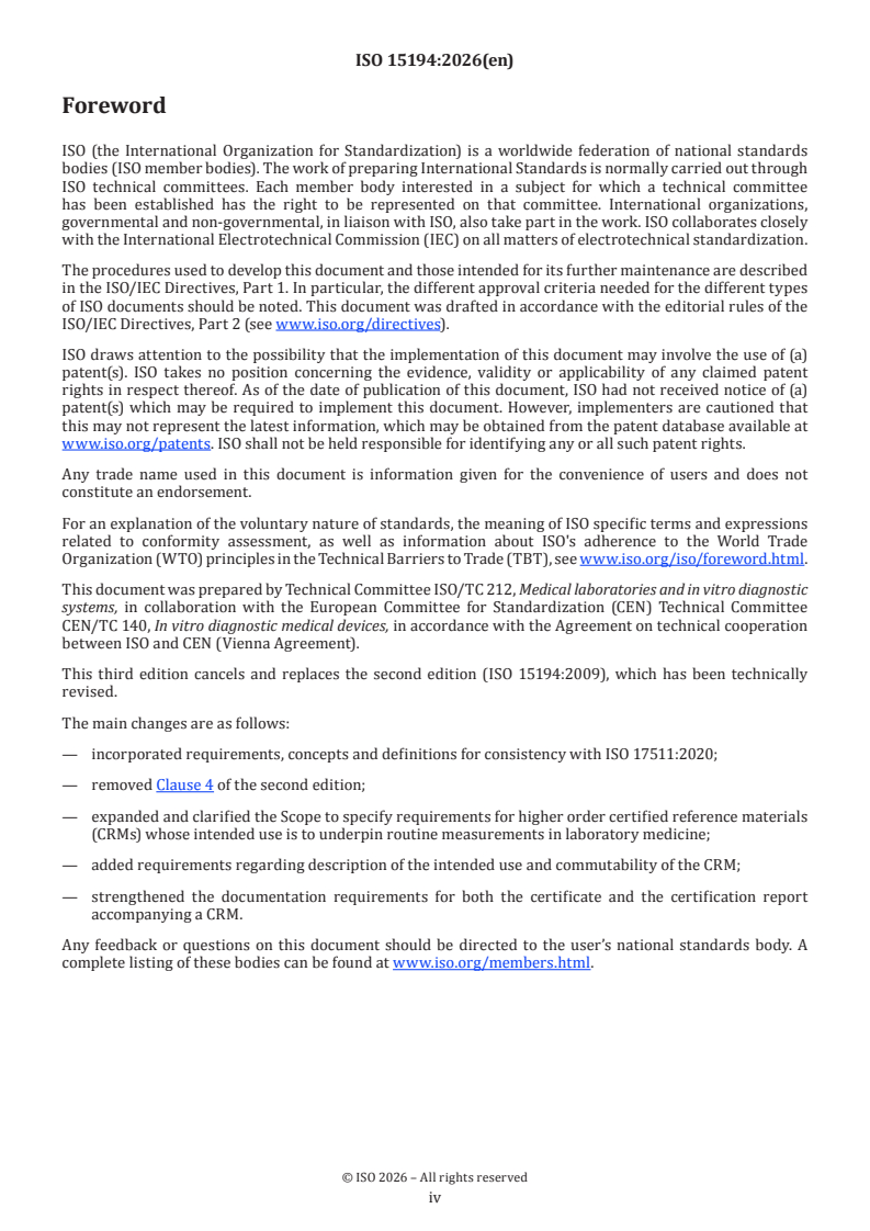 ISO 15194:2026 ISO 15194:2026 - In vitro diagnostic medical devices — Requirements for certified reference materials and the content of supporting documentation - Page 4 preview