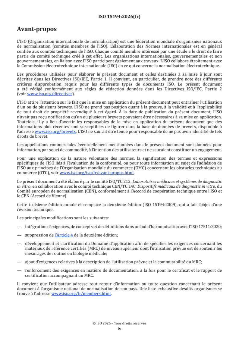 ISO 15194:2026 ISO 15194:2026 - Dispositifs médicaux de diagnostic in vitro — Exigences relatives aux matériaux de référence certifiés et au contenu de la documentation associée - Page 4 preview