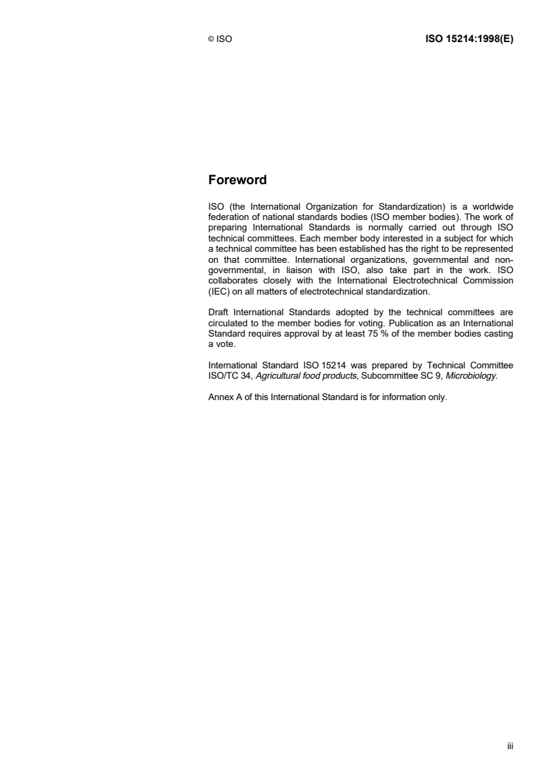 ISO 15214:1998 ISO 15214:1998 - Microbiology of food and animal feeding stuffs — Horizontal method for the enumeration of mesophilic lactic acid bacteria — Colony-count technique at 30 degrees C/23/1998 - Page 3 preview