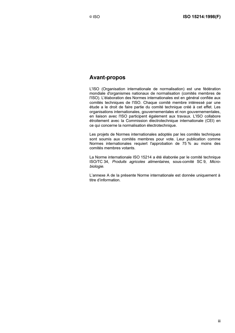 ISO 15214:1998 ISO 15214:1998 - Microbiologie des aliments — Méthode horizontale pour le dénombrement des bactéries lactiques mésophiles — Technique par comptage des colonies à 30 degrés C/23/1998 - Page 3 preview