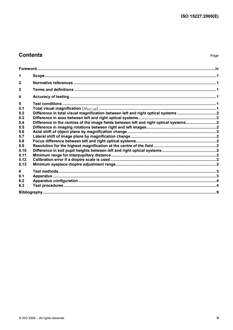 ISO 15227:2000 ISO 15227:2000 - Optics and optical instruments — Microscopes — Testing of stereomicroscopes/13/2000 - Page 3 preview