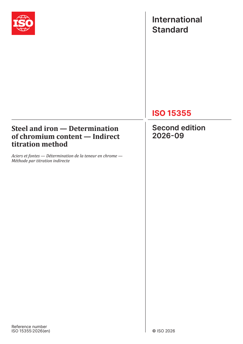 ISO 15355:2026 ISO 15355:2026 - Steel and iron — Determination of chromium content — Indirect titration method - Page 1 preview