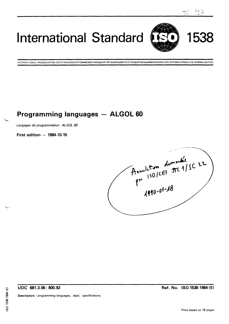 ISO 1538:1984 ISO 1538:1984 - Programming languages — ALGOL 60/1/1984 - Page 1 preview