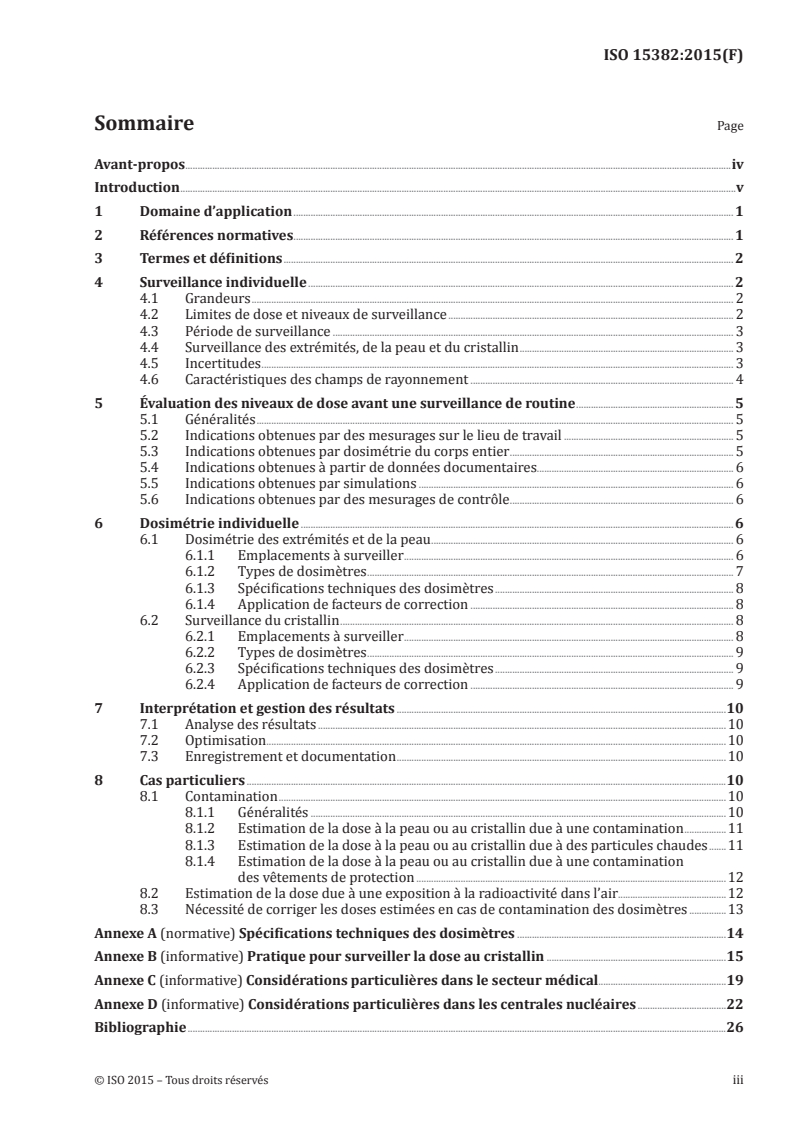 ISO 15382:2015 ISO 15382:2015 - Radioprotection — Procédures pour la surveillance des doses au cristallin, à la peau et aux extrémités/19/2015 - Page 3 preview