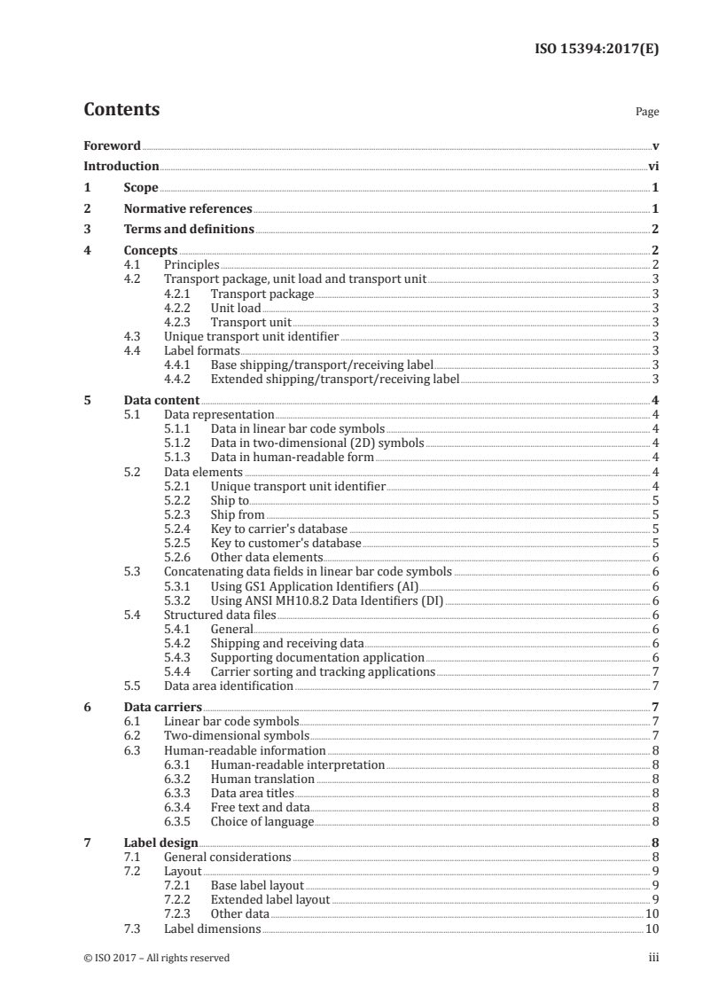ISO 15394:2017 ISO 15394:2017 - Packaging — Bar code and two-dimensional symbols for shipping, transport and receiving labels/9/2017 - Page 3 preview