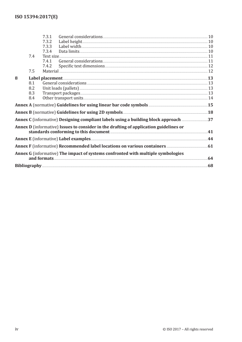 ISO 15394:2017 ISO 15394:2017 - Packaging — Bar code and two-dimensional symbols for shipping, transport and receiving labels/9/2017 - Page 4 preview