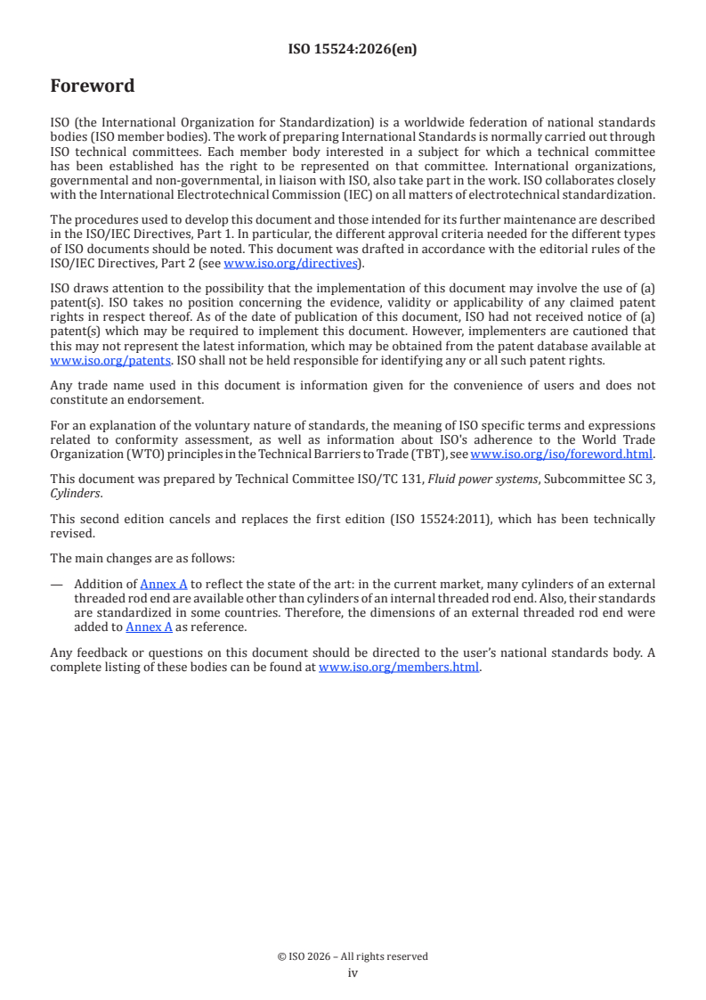 ISO 15524:2026 ISO 15524:2026 - Pneumatic fluid power — Cylinders — Single-rod short-stroke cylinders, 1 000 kPa (10 bar) series, bores from 20 mm to 100 mm - Page 4 preview