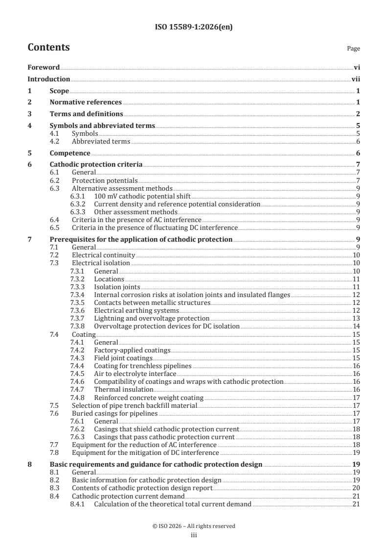 ISO 15589-1:2026 ISO 15589-1:2026 - Oil and gas industries including lower carbon energy — Cathodic protection of pipeline transportation systems — Part 1: On-land pipelines - Page 3 preview