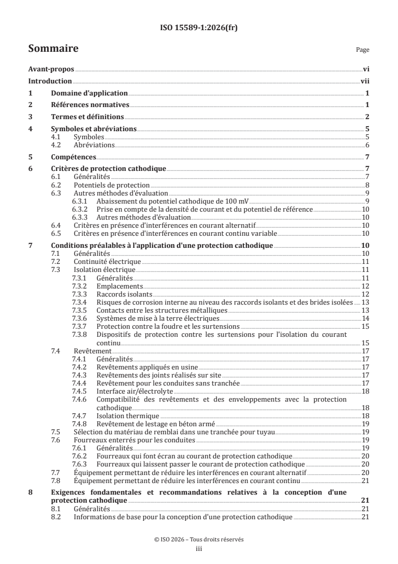 ISO 15589-1:2026 ISO 15589-1:2026 - Industries du pétrole et du gaz y compris les énergies à faible teneur en carbone — Protection cathodique des systèmes de transport par conduites — Partie 1: Conduites terrestres - Page 3 preview