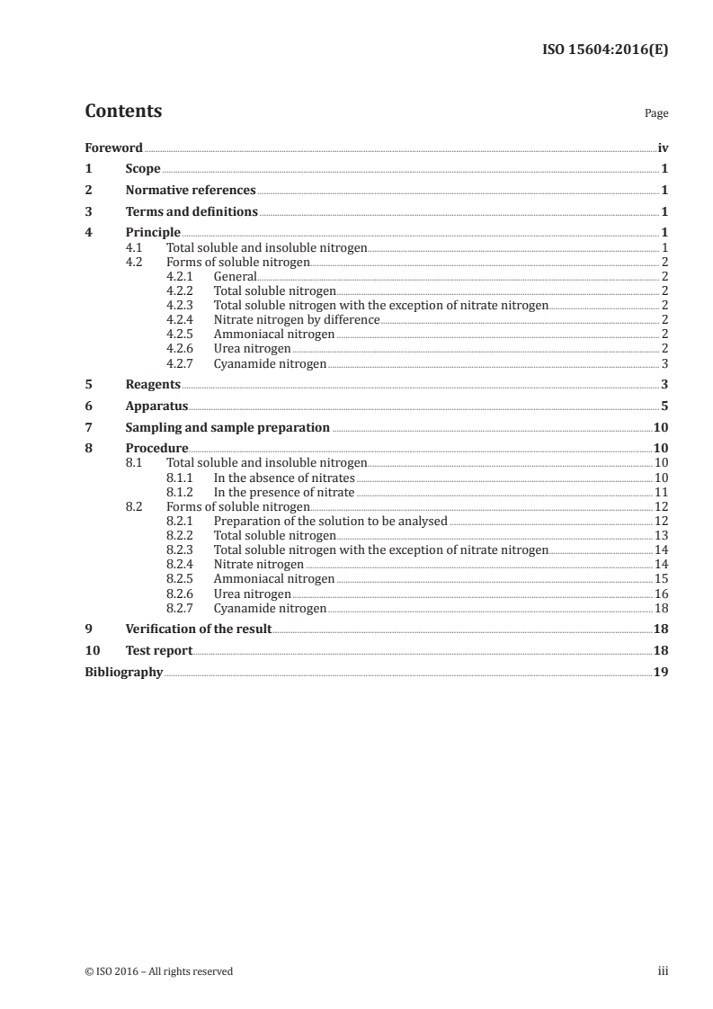 ISO 15604:2016 ISO 15604:2016 - Fertilizers — Determination of different forms of nitrogen in the same sample, containing nitrogen as nitric, ammoniacal, urea and cyanamide nitrogen/11/2016 - Page 3 preview