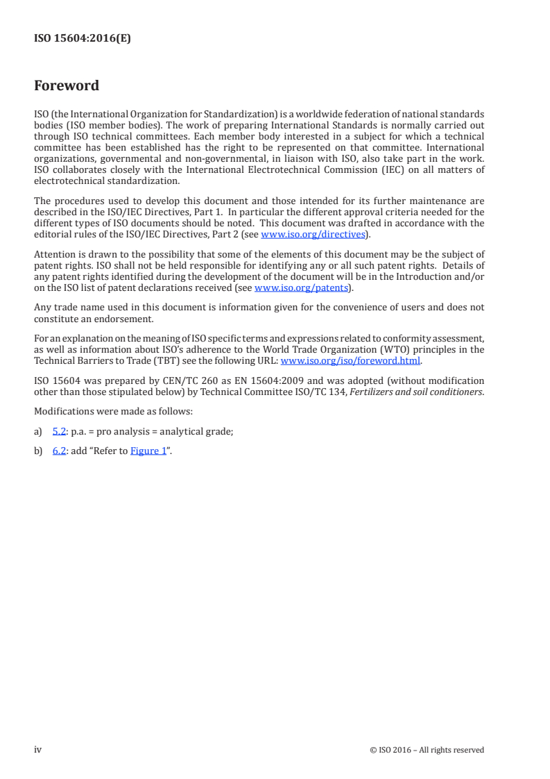 ISO 15604:2016 ISO 15604:2016 - Fertilizers — Determination of different forms of nitrogen in the same sample, containing nitrogen as nitric, ammoniacal, urea and cyanamide nitrogen/11/2016 - Page 4 preview