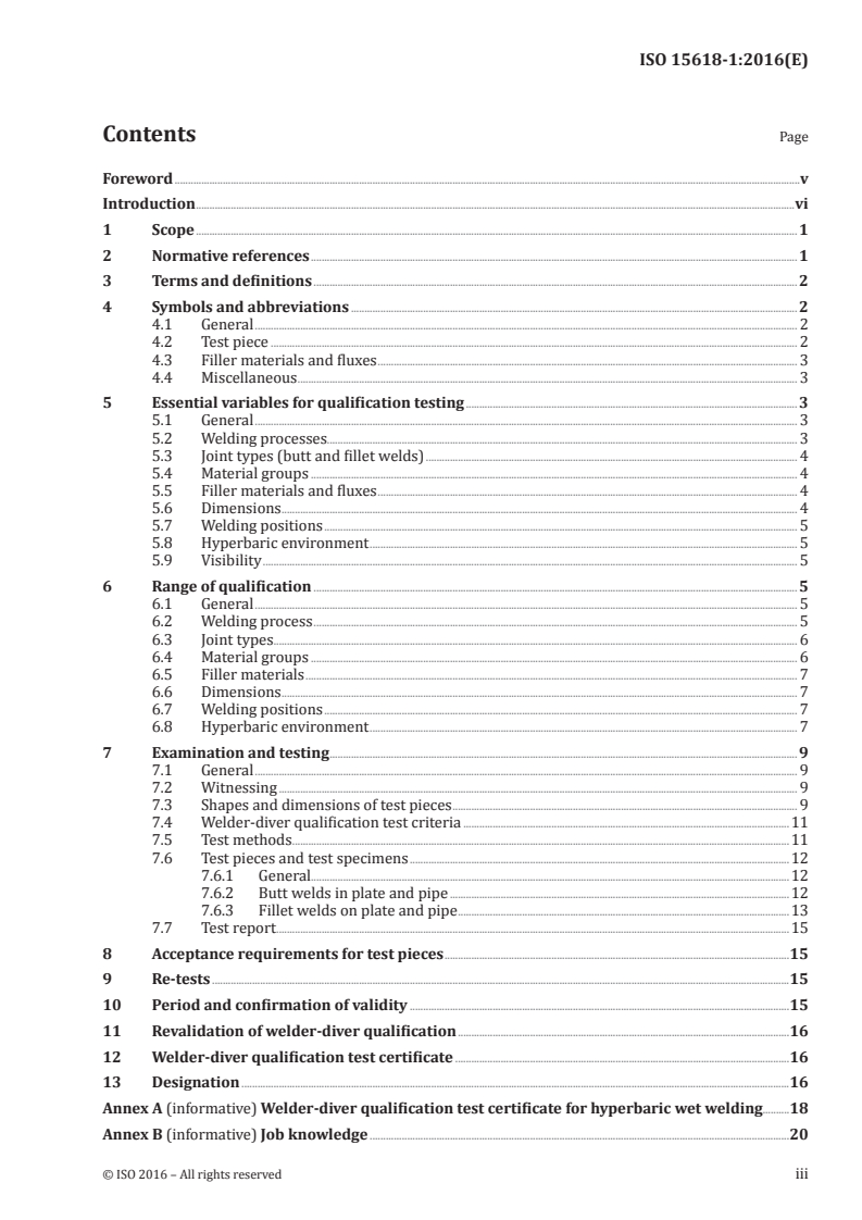 ISO 15618-1:2016 ISO 15618-1:2016 - Qualification testing of welders for underwater welding — Part 1: Hyperbaric wet welding/30/2016 - Page 3 preview