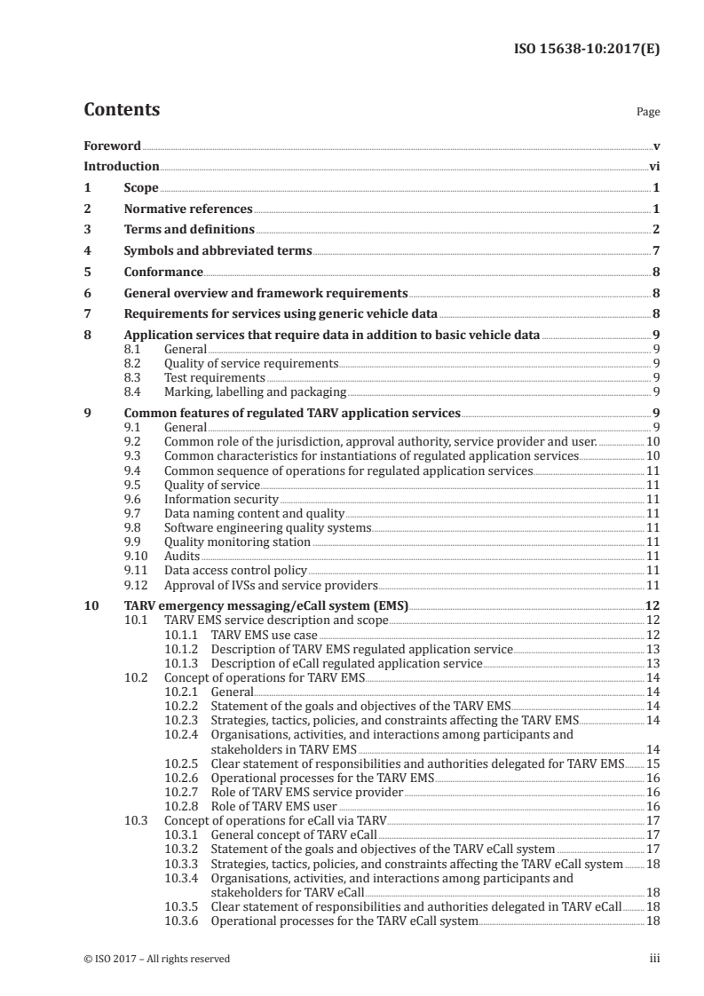 ISO 15638-10:2017 ISO 15638-10:2017 - Intelligent transport systems — Framework for cooperative telematics applications for regulated commercial freight vehicles (TARV) — Part 10: Emergency messaging system/eCall/20/2017 - Page 3 preview