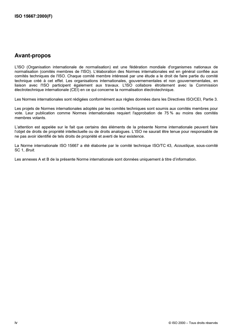ISO 15667:2000 ISO 15667:2000 - Acoustique — Lignes directrices pour la réduction du bruit au moyen d'encoffrements et de cabines/25/2000 - Page 4 preview