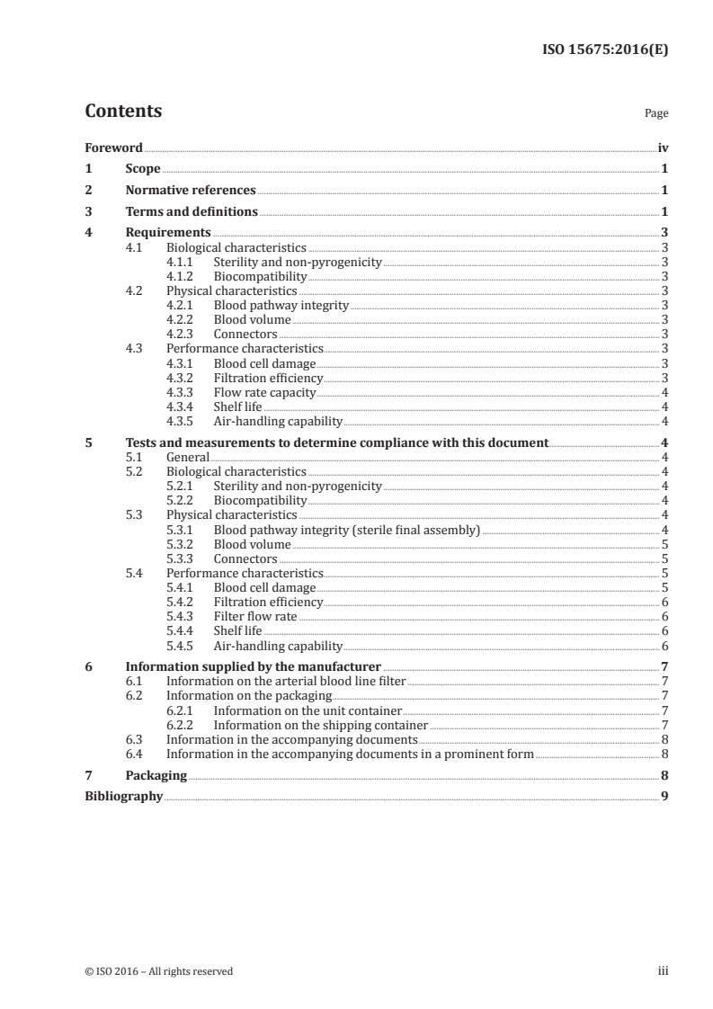 ISO 15675:2016 ISO 15675:2016 - Cardiovascular implants and artificial organs — Cardiopulmonary bypass systems — Arterial blood line filters/15/2016 - Page 3 preview