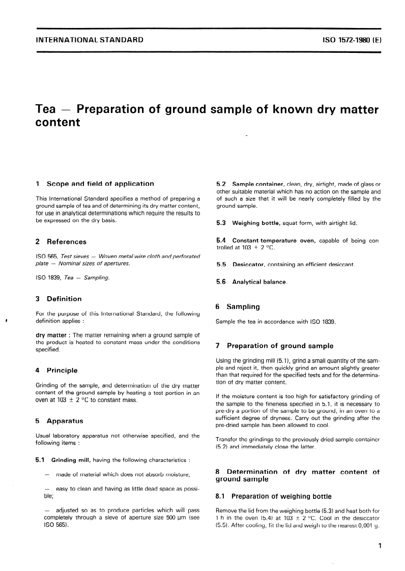 ISO 1572:1980 ISO 1572:1980 - Tea — Preparation of ground sample of known dry matter content/1/1980 - Page 3 preview