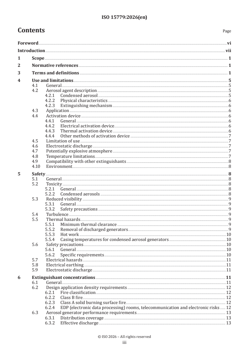 ISO 15779:2026 ISO 15779:2026 - Condensed aerosol fire extinguishing systems — Requirements and test methods for components and system design, installation and maintenance — General requirements - Page 3 preview