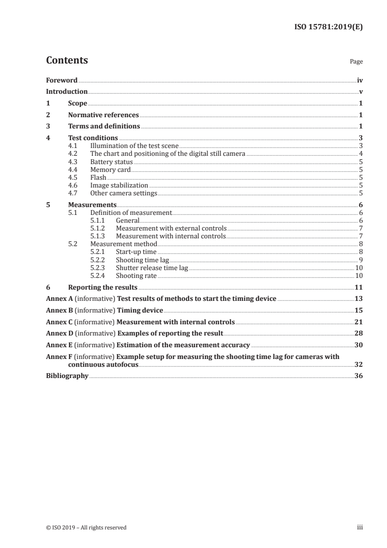 ISO 15781:2019 ISO 15781:2019 - Photography — Digital still cameras — Measuring shooting time lag, shutter release time lag, shooting rate, and start-up time lag/19/2019 - Page 3 preview