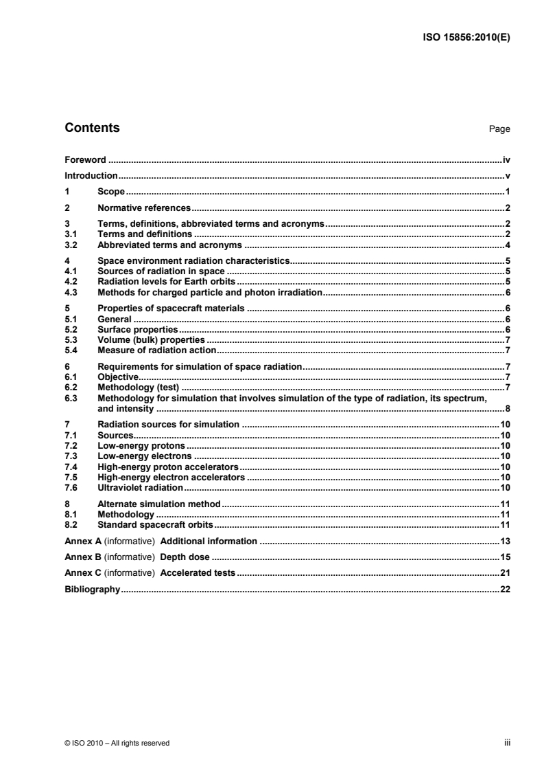 ISO 15856:2010 ISO 15856:2010 - Space systems — Space environment — Simulation guidelines for radiation exposure of non-metallic materials/23/2010 - Page 3 preview