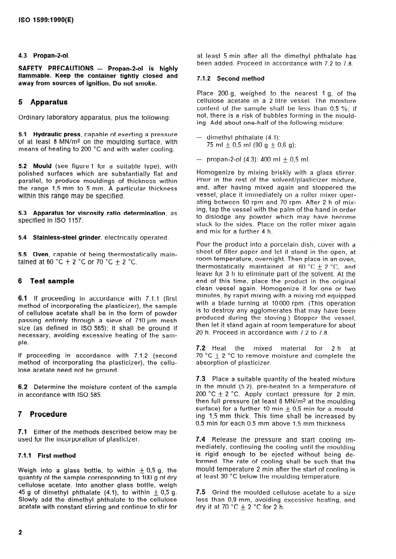 SIST ISO 1599:1996 ISO 1599:1990 - Plastics — Cellulose acetate — Determination of viscosity loss on moulding/15/1990 - Page 4 preview