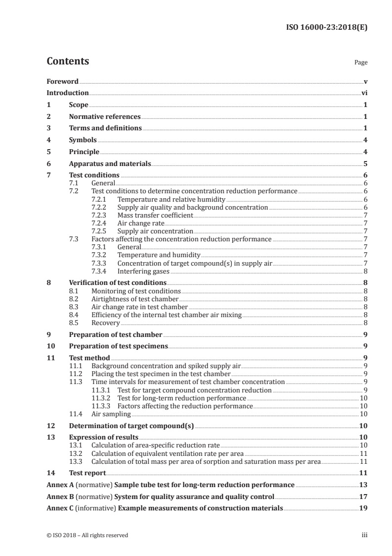 ISO 16000-23:2018 ISO 16000-23:2018 - Indoor air — Part 23: Performance test for evaluating the reduction of formaldehyde and other carbonyl compounds concentrations by sorptive building materials/30/2018 - Page 3 preview