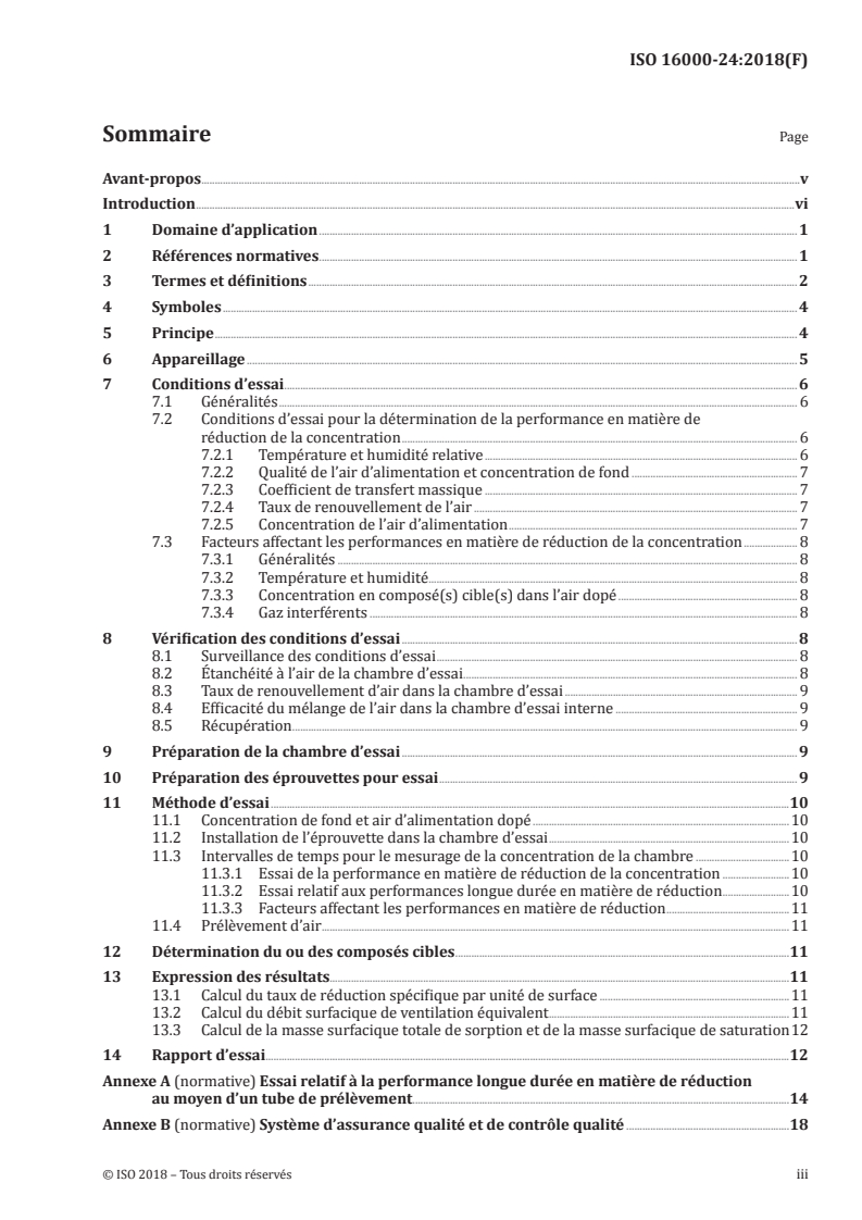 ISO 16000-24:2018 ISO 16000-24:2018 - Air intérieur — Partie 24: Essai de performance pour l'évaluation de la réduction des concentrations en composés organiques volatils par des matériaux de construction sorptifs/30/2018 - Page 3 preview