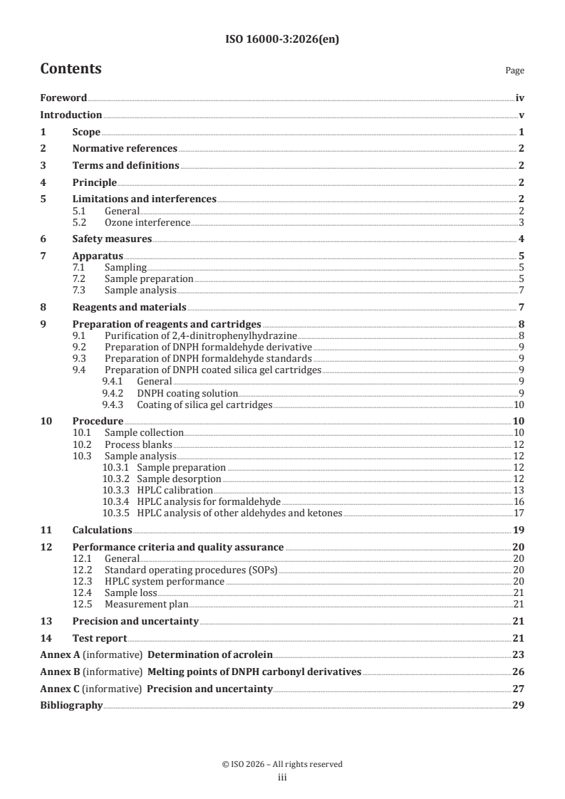 SIST ISO 16000-3:2026 ISO 16000-3:2026 - Indoor air — Part 3: Determination of formaldehyde and other carbonyl compounds in indoor air and test chamber air — Active sampling method - Page 3 preview
