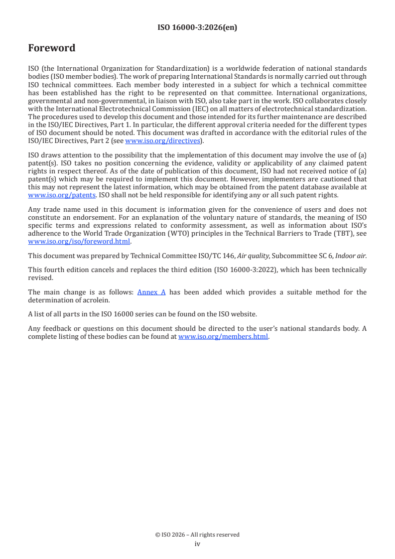 SIST ISO 16000-3:2026 ISO 16000-3:2026 - Indoor air — Part 3: Determination of formaldehyde and other carbonyl compounds in indoor air and test chamber air — Active sampling method - Page 4 preview