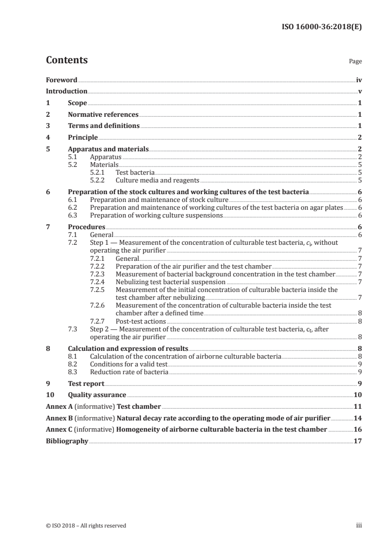 ISO 16000-36:2018 ISO 16000-36:2018 - Indoor air — Part 36: Standard method for assessing the reduction rate of culturable airborne bacteria by air purifiers using a test chamber/19/2019 - Page 3 preview