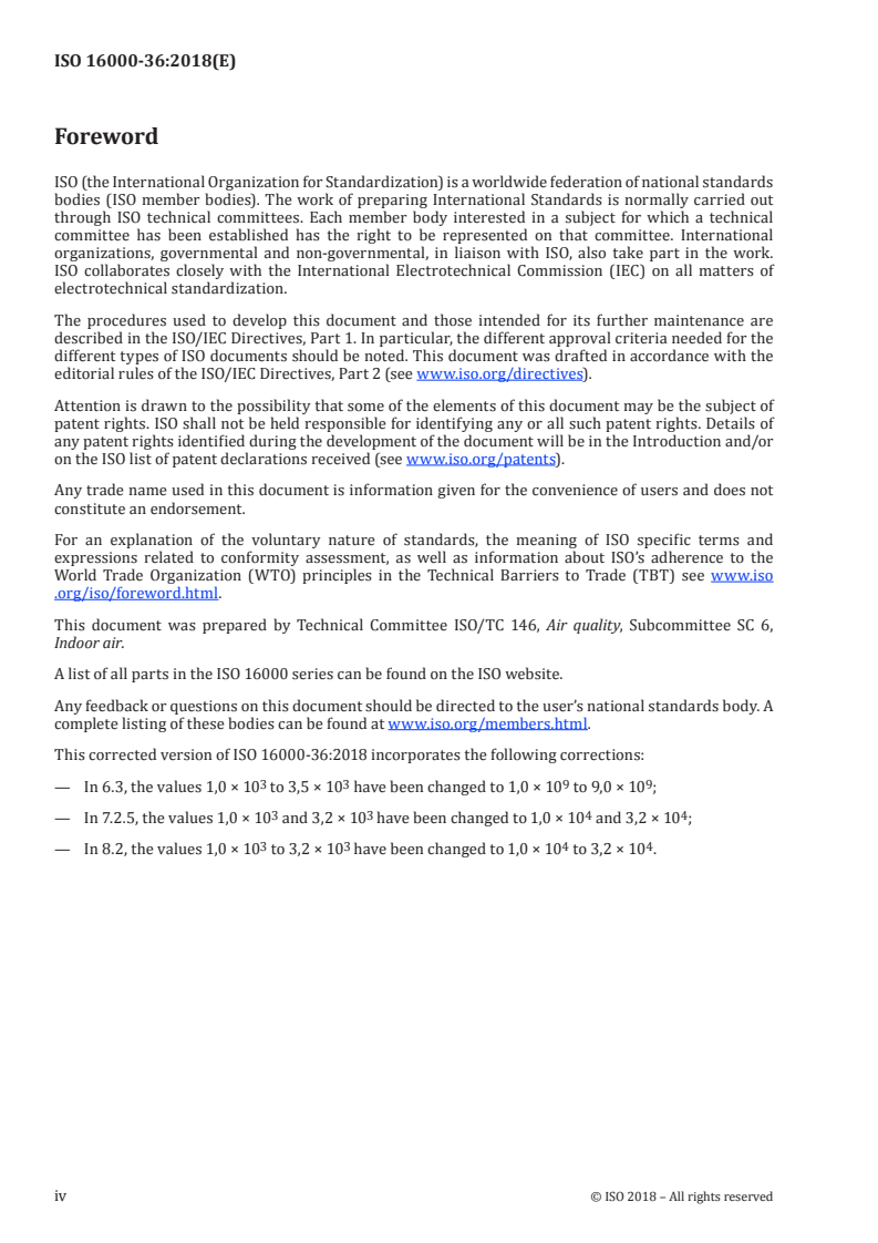 ISO 16000-36:2018 ISO 16000-36:2018 - Indoor air — Part 36: Standard method for assessing the reduction rate of culturable airborne bacteria by air purifiers using a test chamber/19/2019 - Page 4 preview