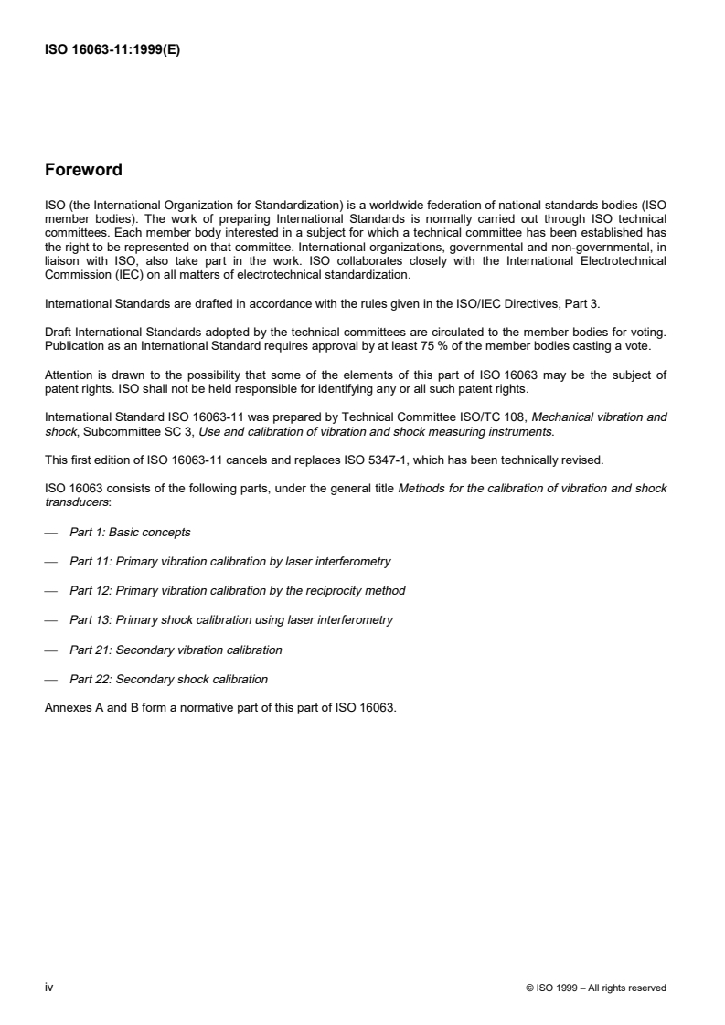 ISO 16063-11:1999 ISO 16063-11:1999 - Methods for the calibration of vibration and shock transducers — Part 11: Primary vibration calibration by laser interferometry/16/1999 - Page 4 preview