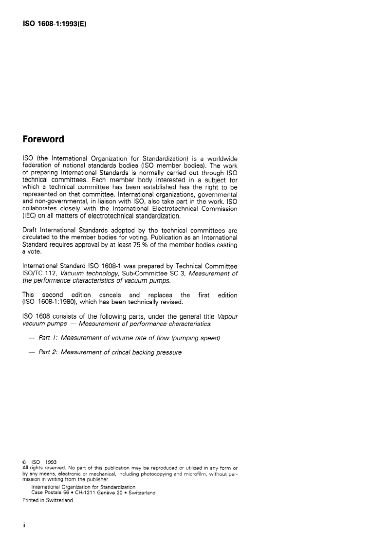 ISO 1608-1:1993 ISO 1608-1:1993 - Vapour vacuum pumps — Measurement of performance characteristics — Part 1: Measurement of volume rate of flow (pumping speed)/25/1993 - Page 2 preview