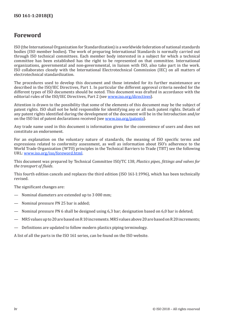 ISO 161-1:2018 ISO 161-1:2018 - Thermoplastics pipes for the conveyance of fluids — Nominal outside diameters and nominal pressures — Part 1: Metric series/8/2018 - Page 4 preview