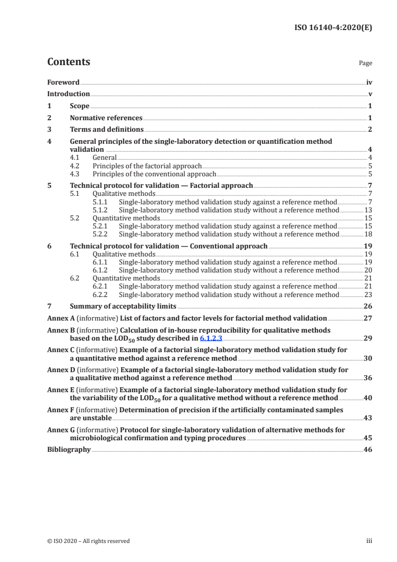 ISO 16140-4:2020 ISO 16140-4:2020 - Microbiology of the food chain — Method validation — Part 4: Protocol for method validation in a single laboratory/9/2020 - Page 3 preview
