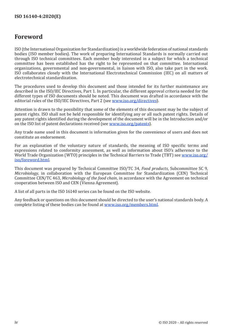 ISO 16140-4:2020 ISO 16140-4:2020 - Microbiology of the food chain — Method validation — Part 4: Protocol for method validation in a single laboratory/9/2020 - Page 4 preview